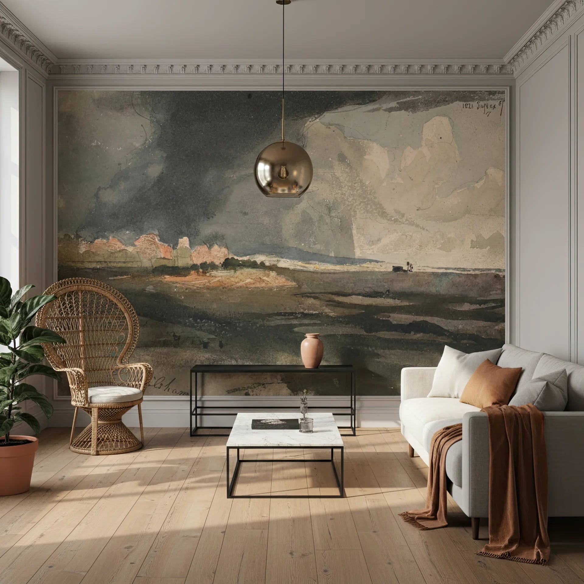 Moody gray and peach Cloud Sanctuary landscape mural wallpaper in elegant living room with ornate molding