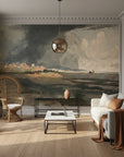 Moody gray and peach Cloud Sanctuary landscape mural wallpaper in elegant living room with ornate molding