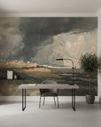 Dramatic stormy sky Cloud Sanctuary wallpaper mural in charcoal and cream tones on modern home office wall