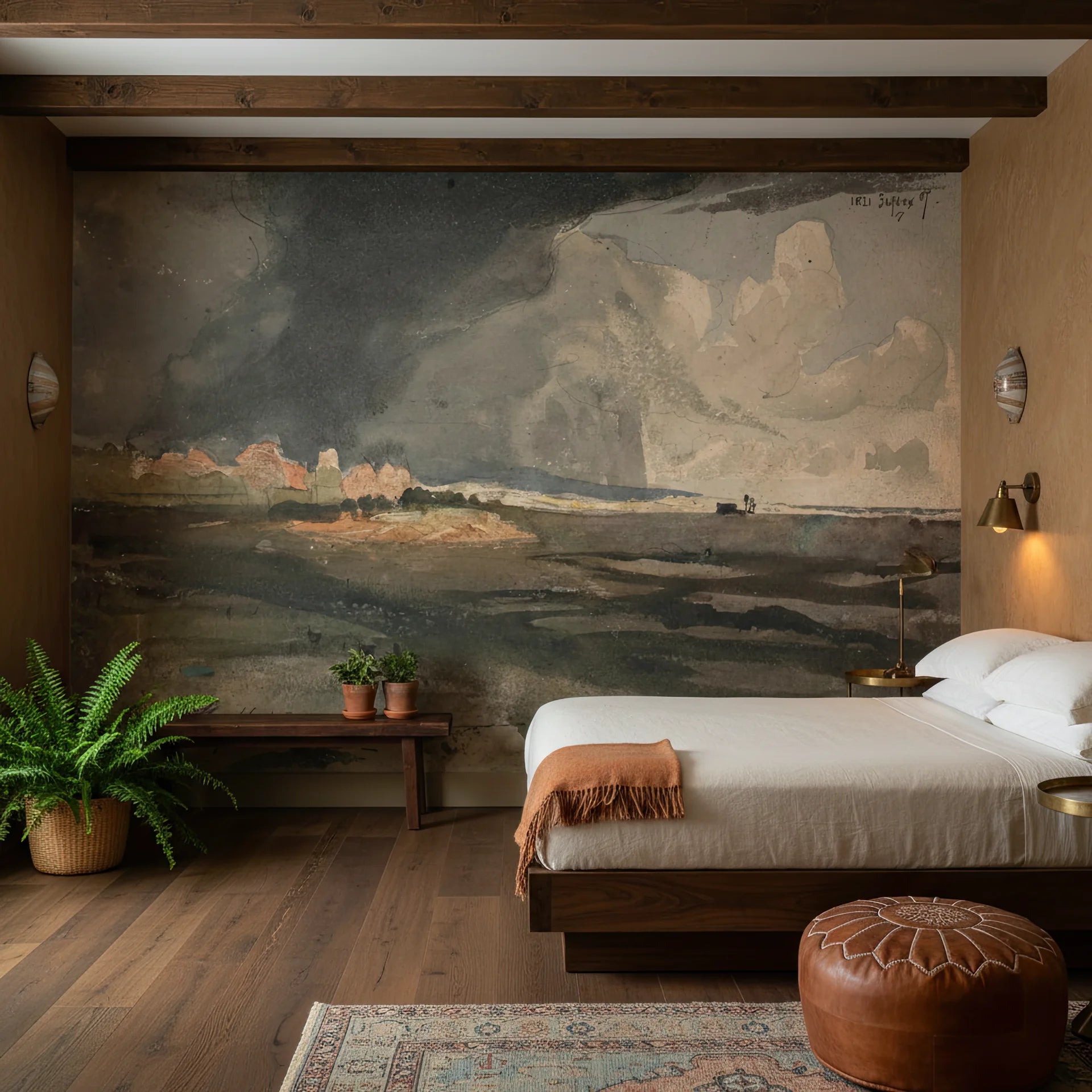 Cloud Sanctuary mural wallpaper featuring vintage stormy seascape on rustic bedroom accent wall