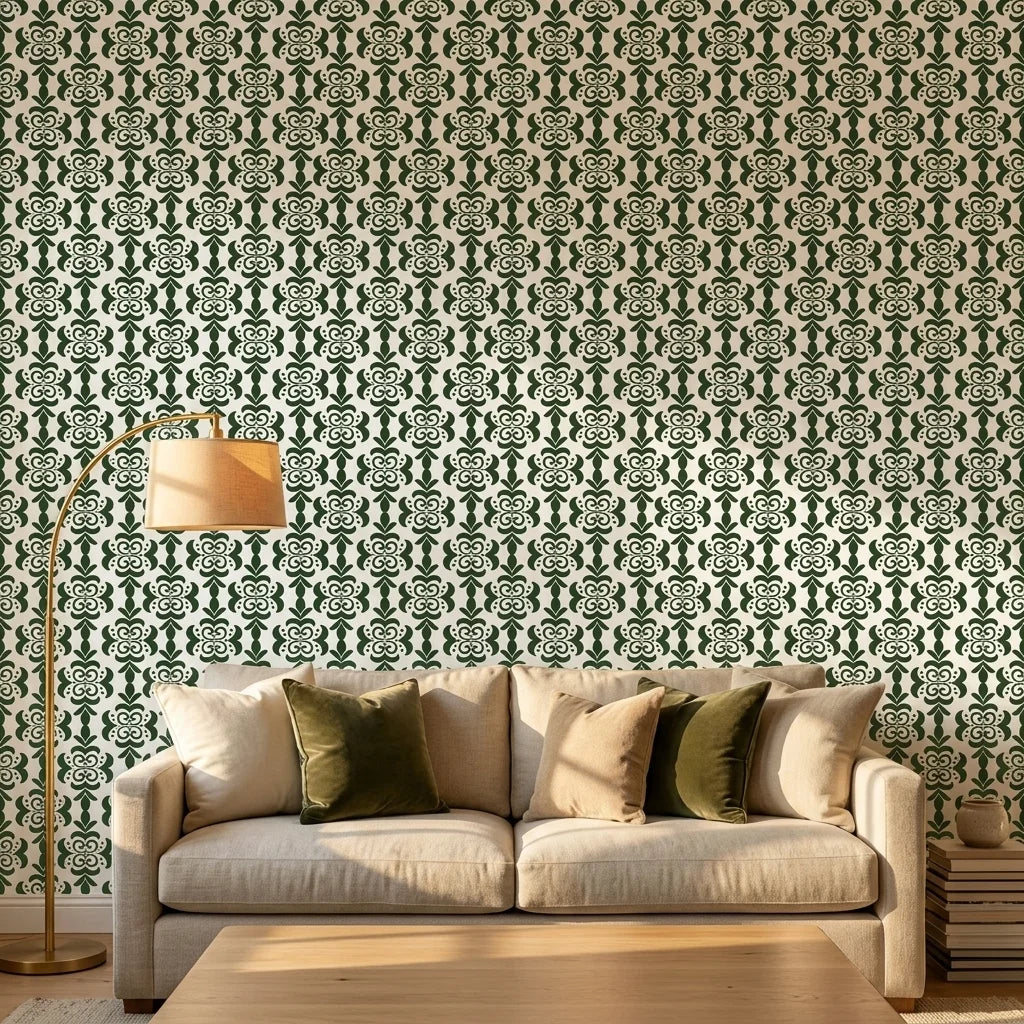 Clover & Scroll elegant green damask wallpaper creating ambiance in a serene bathroom