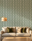 Clover & Scroll elegant green damask wallpaper creating ambiance in a serene bathroom