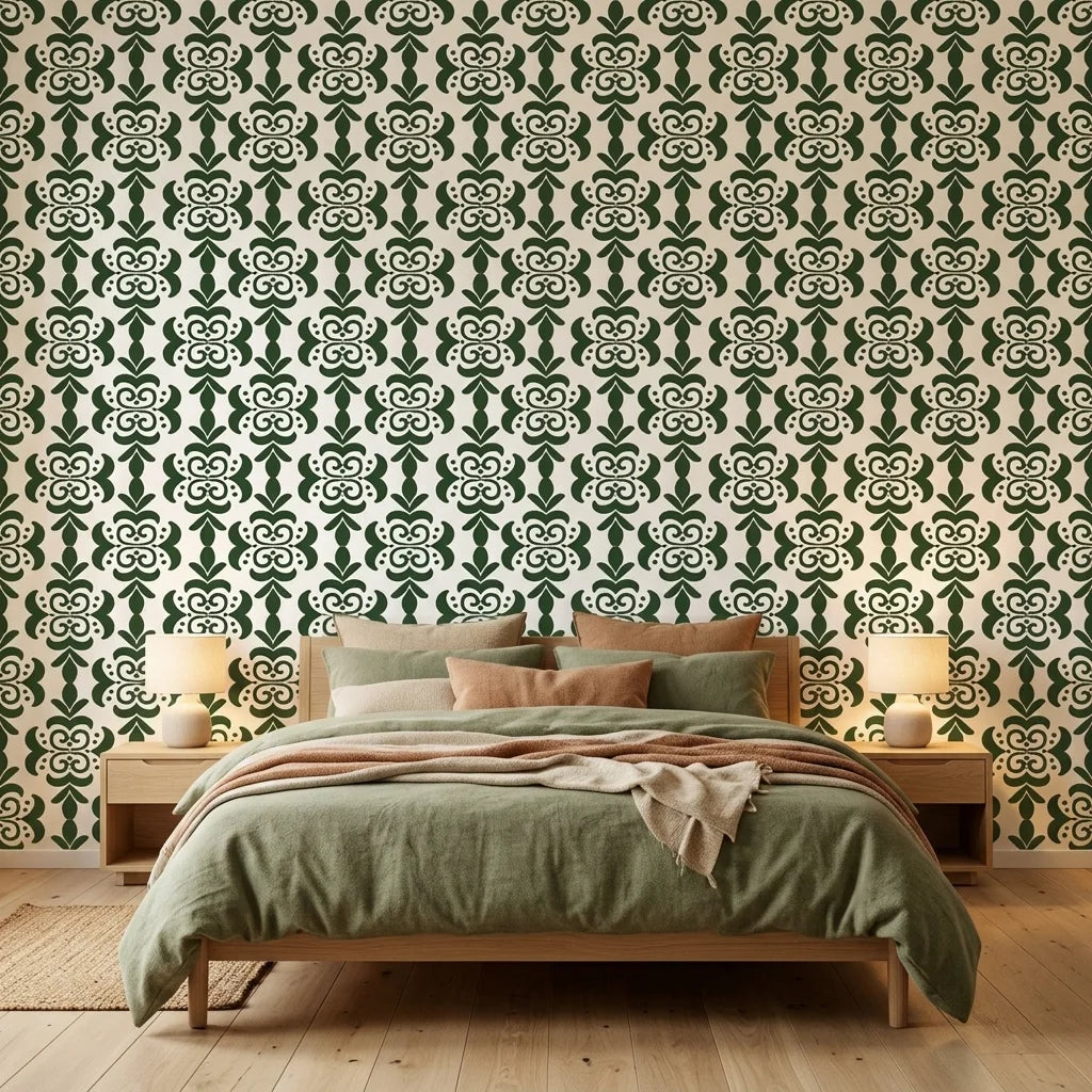 Clover & Scroll elegant green damask wallpaper in a warm and inviting living room