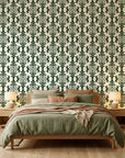 Clover & Scroll elegant green damask wallpaper in a warm and inviting living room