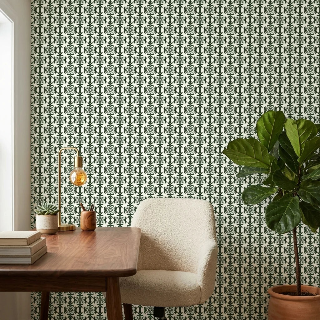 Clover & Scroll elegant green damask wallpaper adding character to a cozy bedroom
