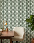 Clover & Scroll elegant green damask wallpaper adding character to a cozy bedroom