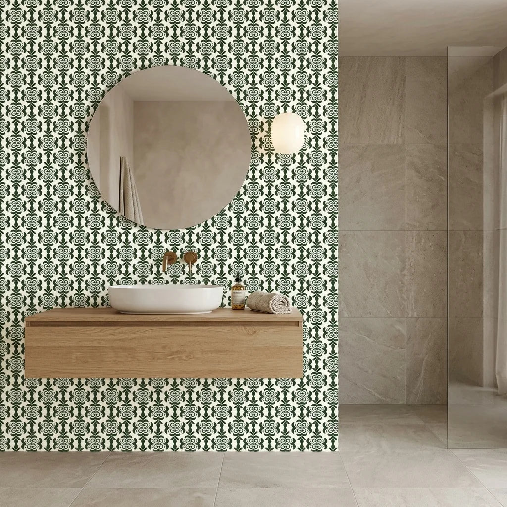 Clover & Scroll elegant green damask wallpaper as a feature wall in a bright home office