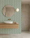 Clover & Scroll elegant green damask wallpaper as a feature wall in a bright home office