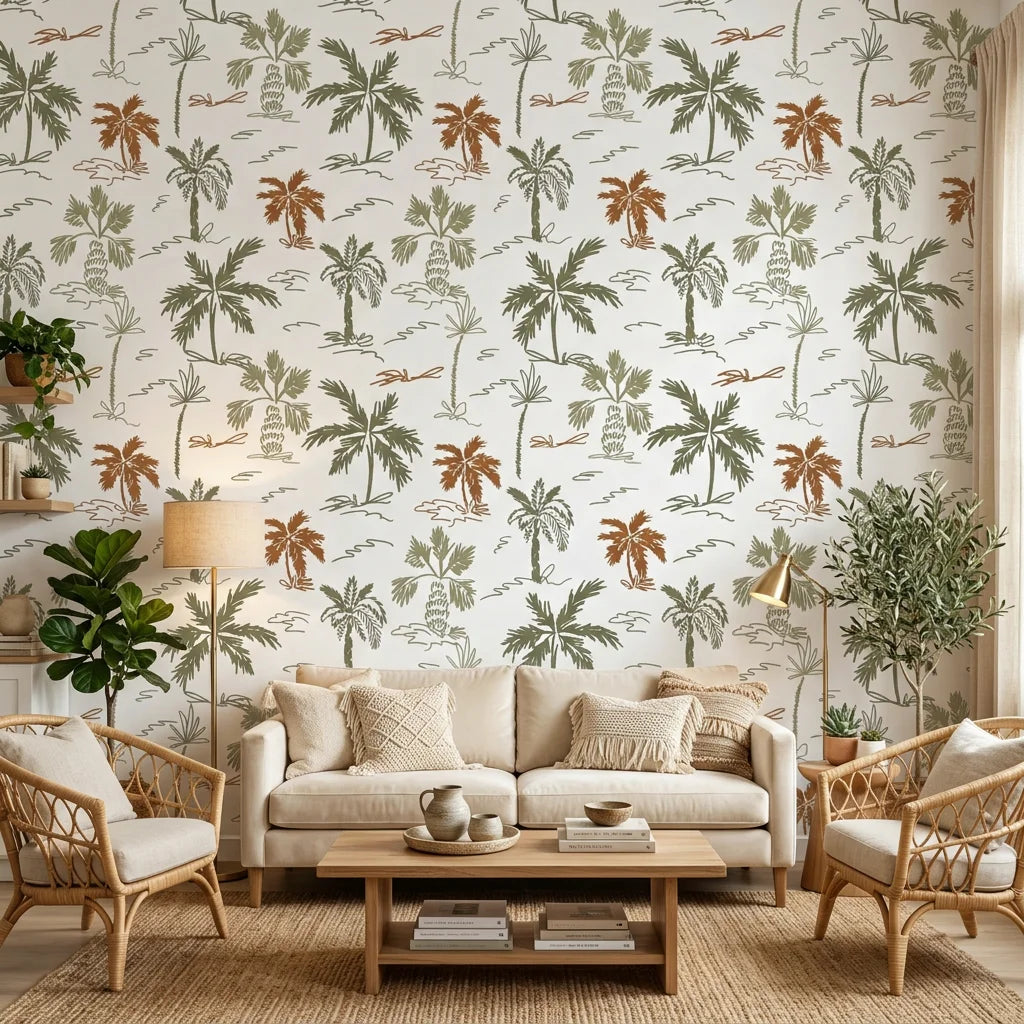Coastal Echoes wave pattern wallpaper in a warm and inviting living room