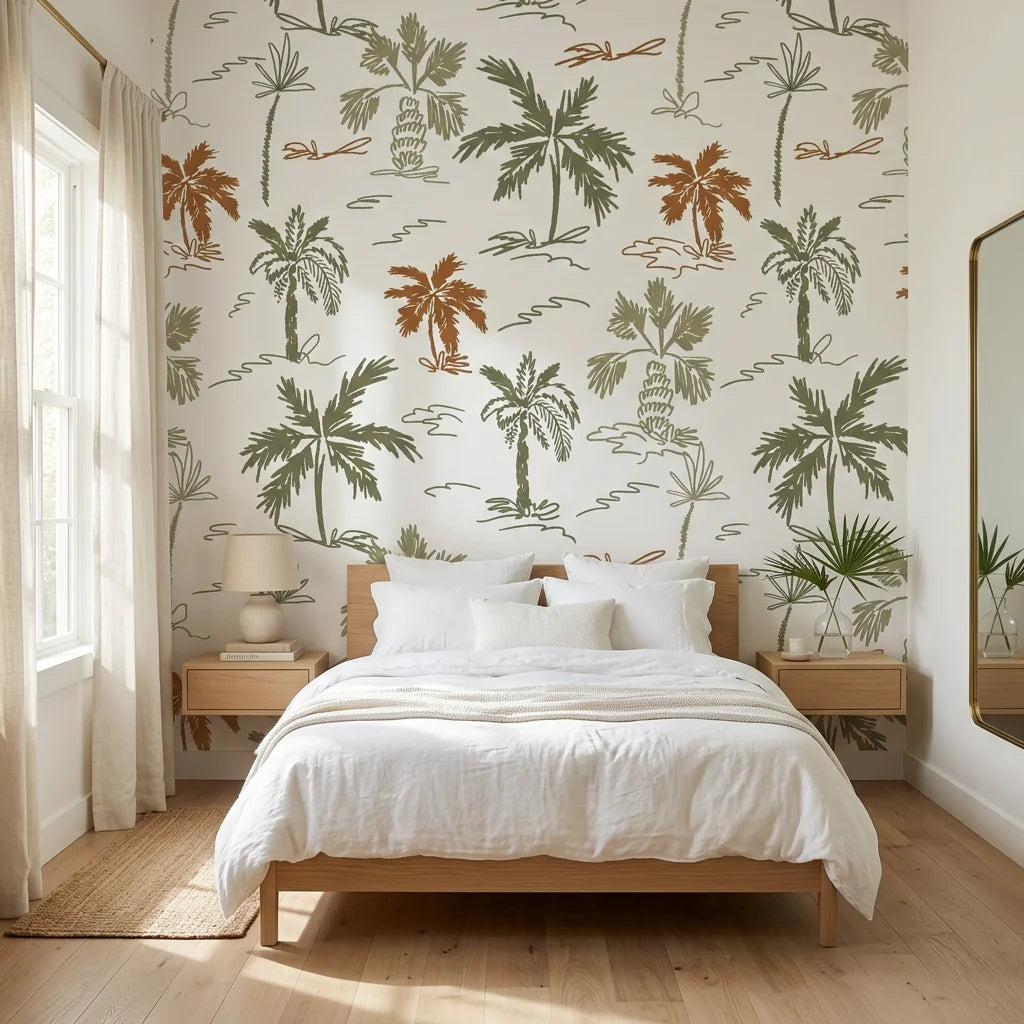 Coastal Echoes wave pattern wallpaper adding character to a cozy bedroom