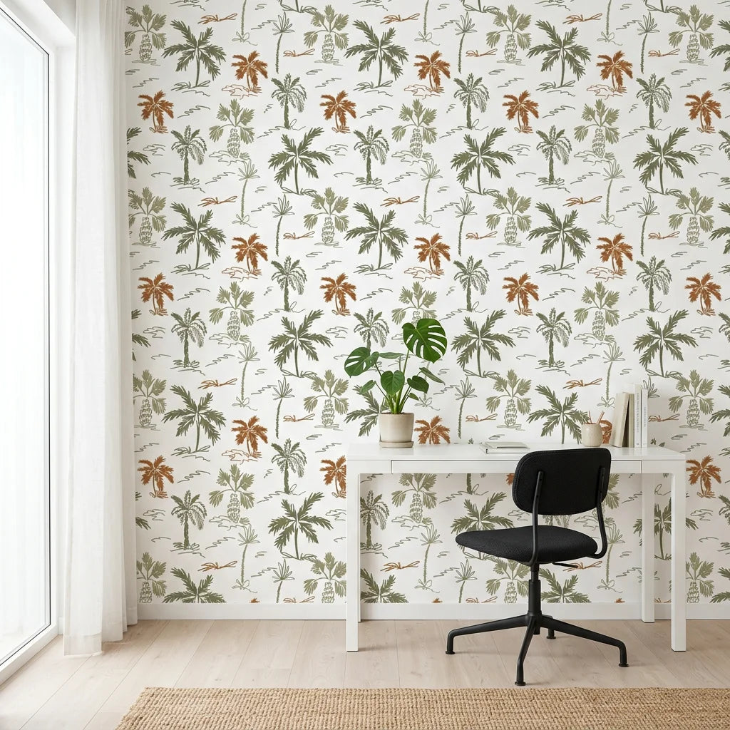 Coastal Echoes wave pattern wallpaper as a feature wall in a bright home office