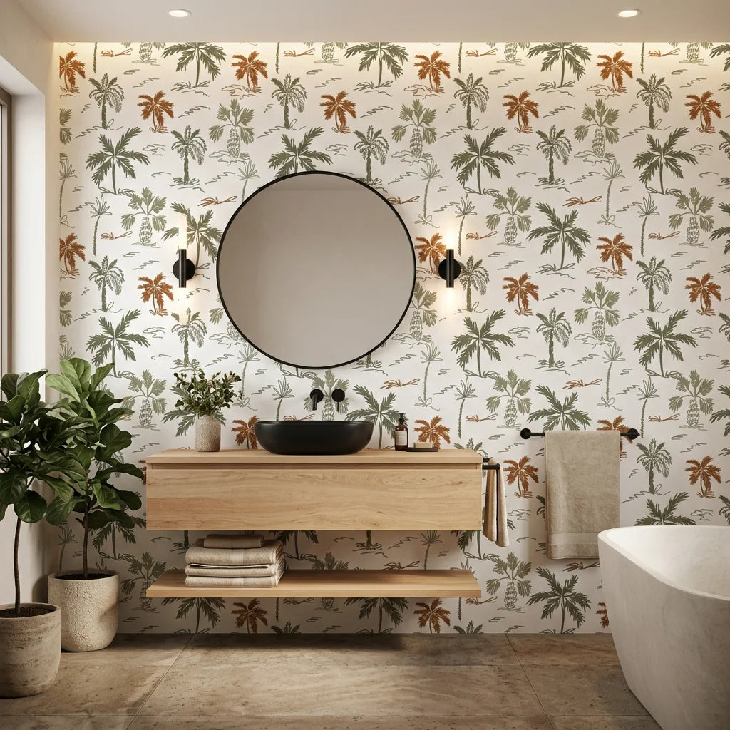 Coastal Echoes wave pattern wallpaper creating ambiance in a serene bathroom