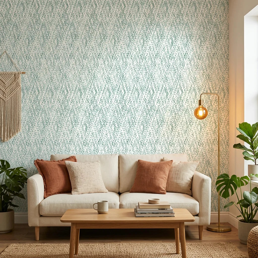 Coastal Mint sage green abstract rain wallpaper in a warm and inviting living room