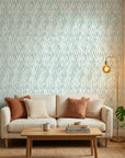 Coastal Mint sage green abstract rain wallpaper in a warm and inviting living room