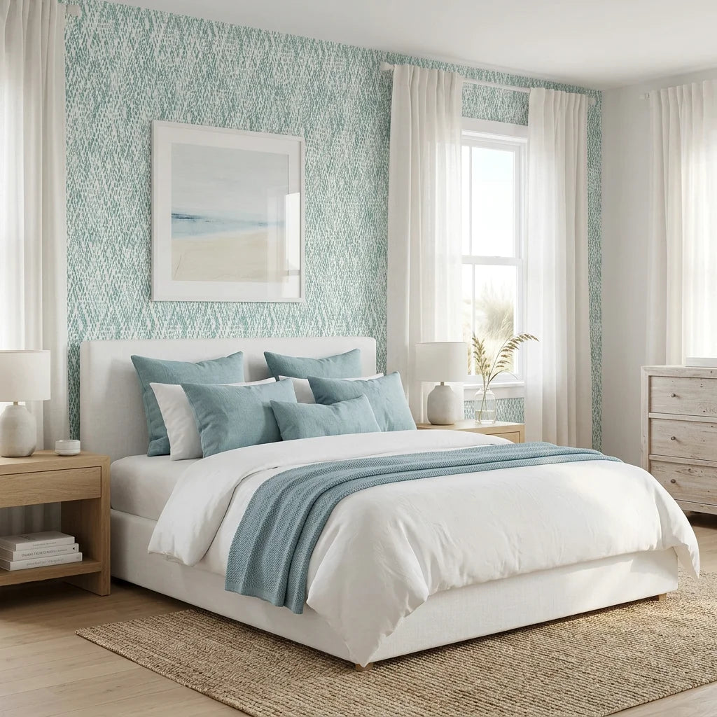 Coastal Mint sage green abstract rain wallpaper adding character to a cozy bedroom