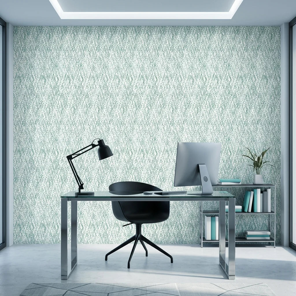 Coastal Mint sage green abstract rain wallpaper as a feature wall in a bright home office