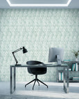 Coastal Mint sage green abstract rain wallpaper as a feature wall in a bright home office