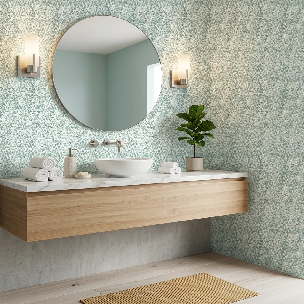 Coastal Mint sage green abstract rain wallpaper creating ambiance in a serene bathroom