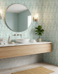 Coastal Mint sage green abstract rain wallpaper creating ambiance in a serene bathroom