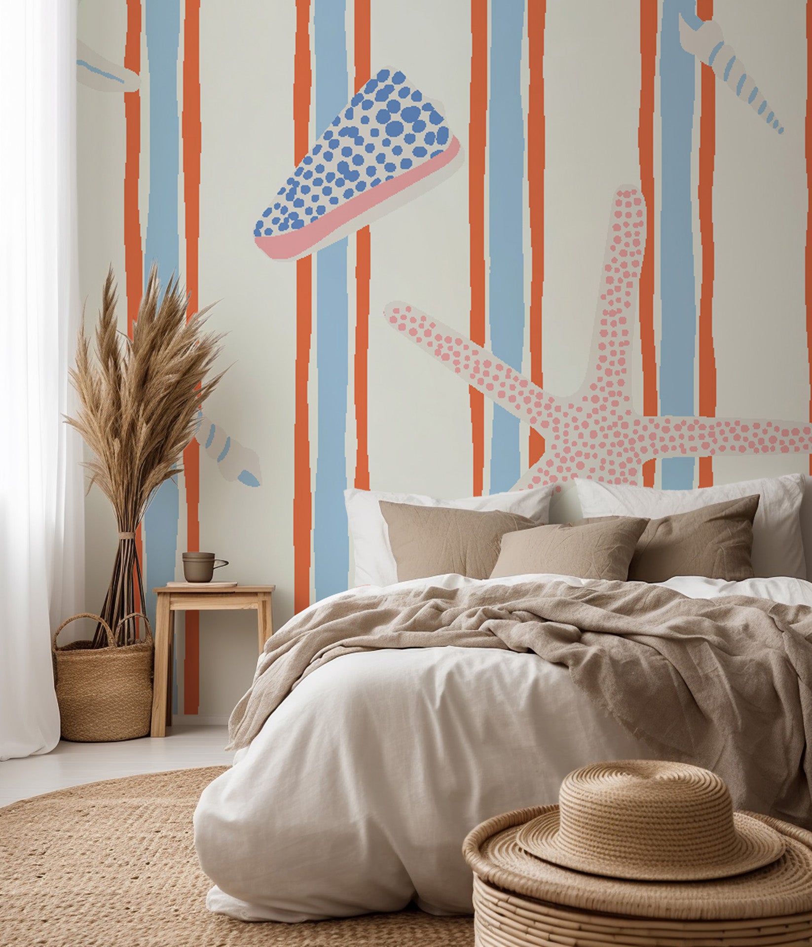 Undulating horizontal bands, colored blue and beige, illustrating tidal movement.