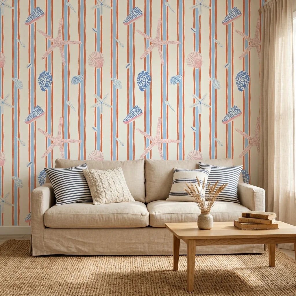 Coastal Rhythm striped wave wallpaper in a warm and inviting living room