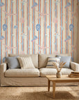 Coastal Rhythm striped wave wallpaper in a warm and inviting living room