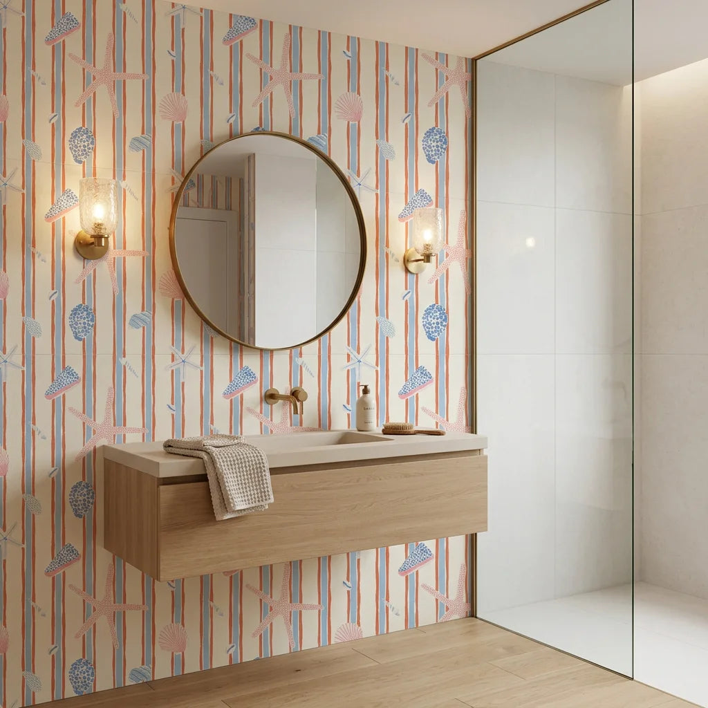 Coastal Rhythm striped wave wallpaper adding character to a cozy bedroom