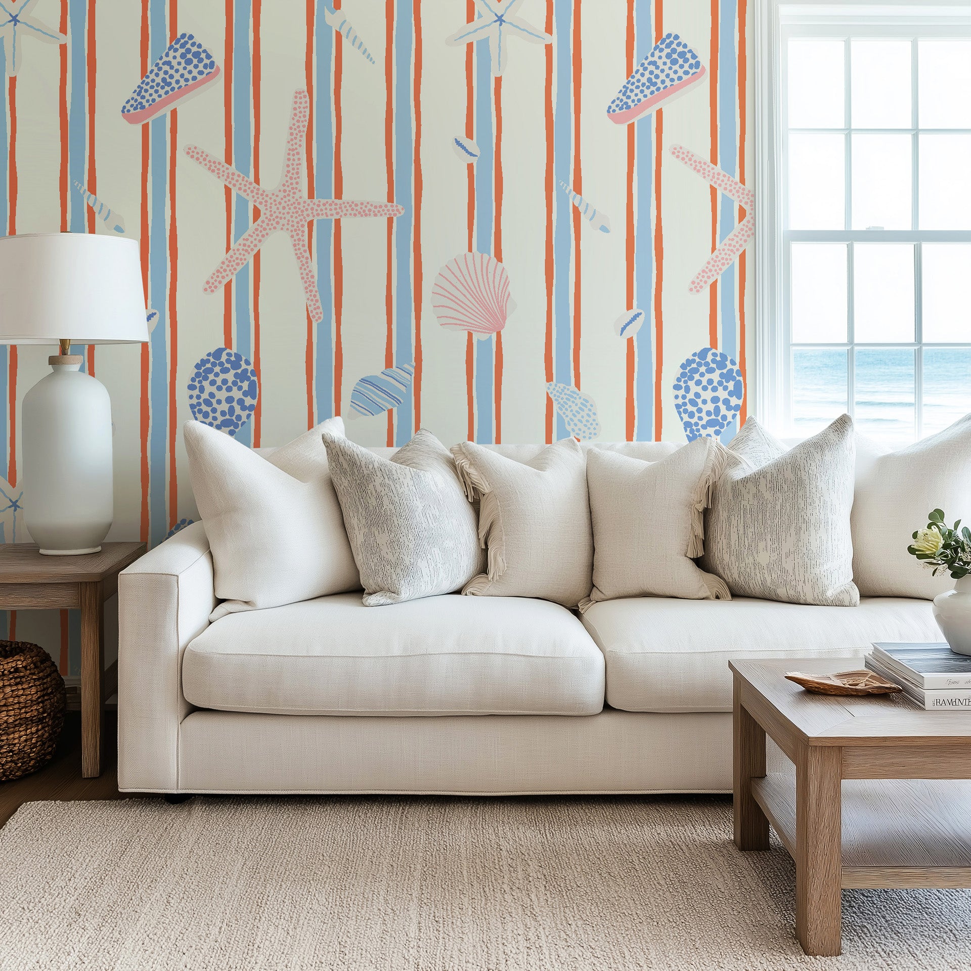 Rippling, sideways bands of cerulean and earthy sand colors, evoking tidal movement