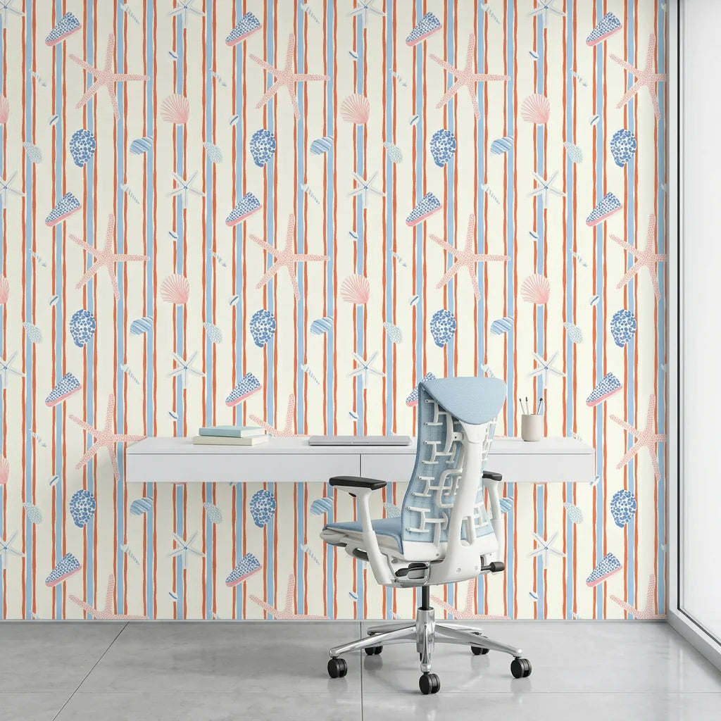 Coastal Rhythm striped wave wallpaper as a feature wall in a bright home office