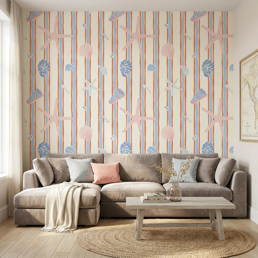Coastal Rhythm striped wave wallpaper creating ambiance in a serene bathroom