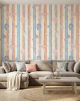 Coastal Rhythm striped wave wallpaper creating ambiance in a serene bathroom