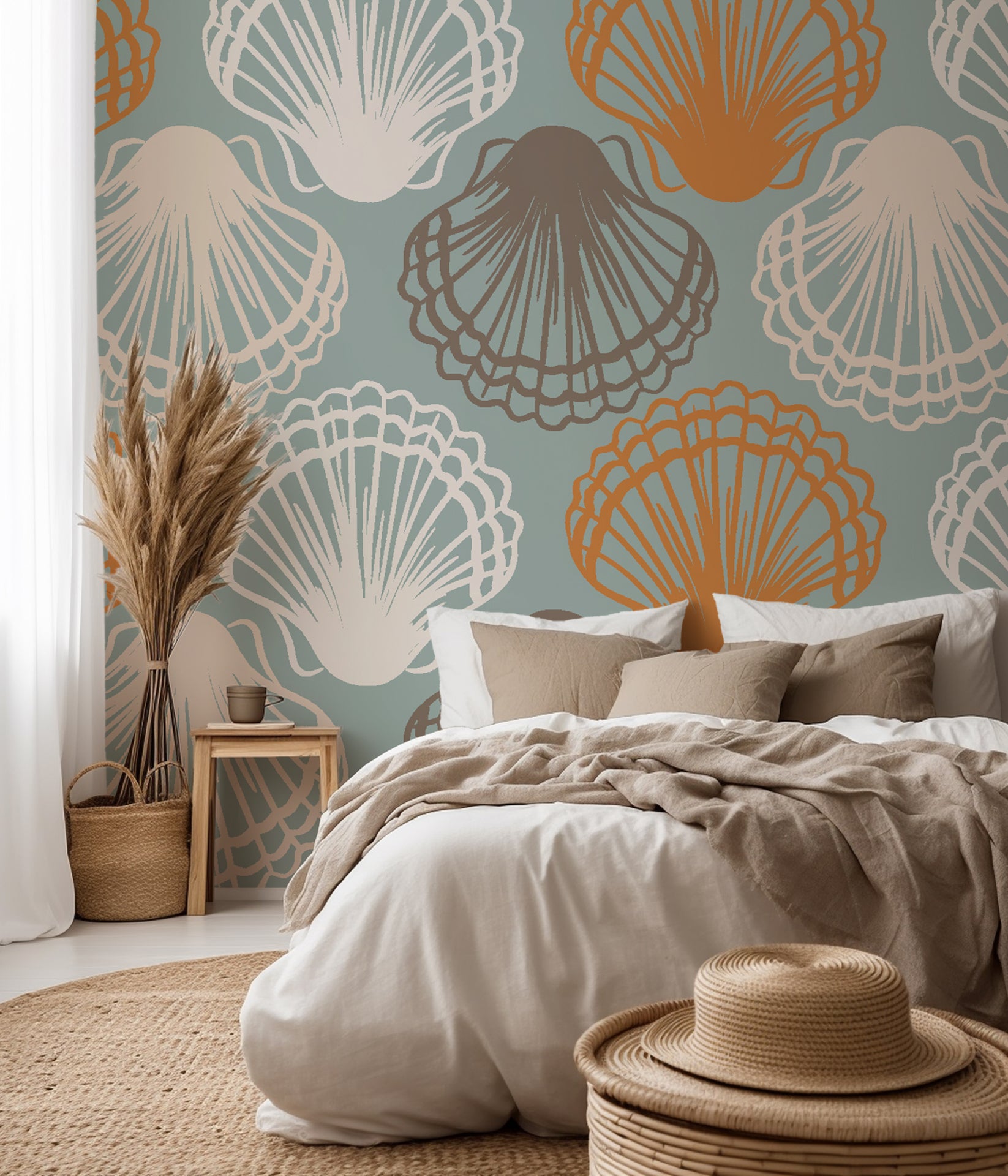 Rhythmic dotted arches in teal and terracotta for a soft and sophisticated coastal look.