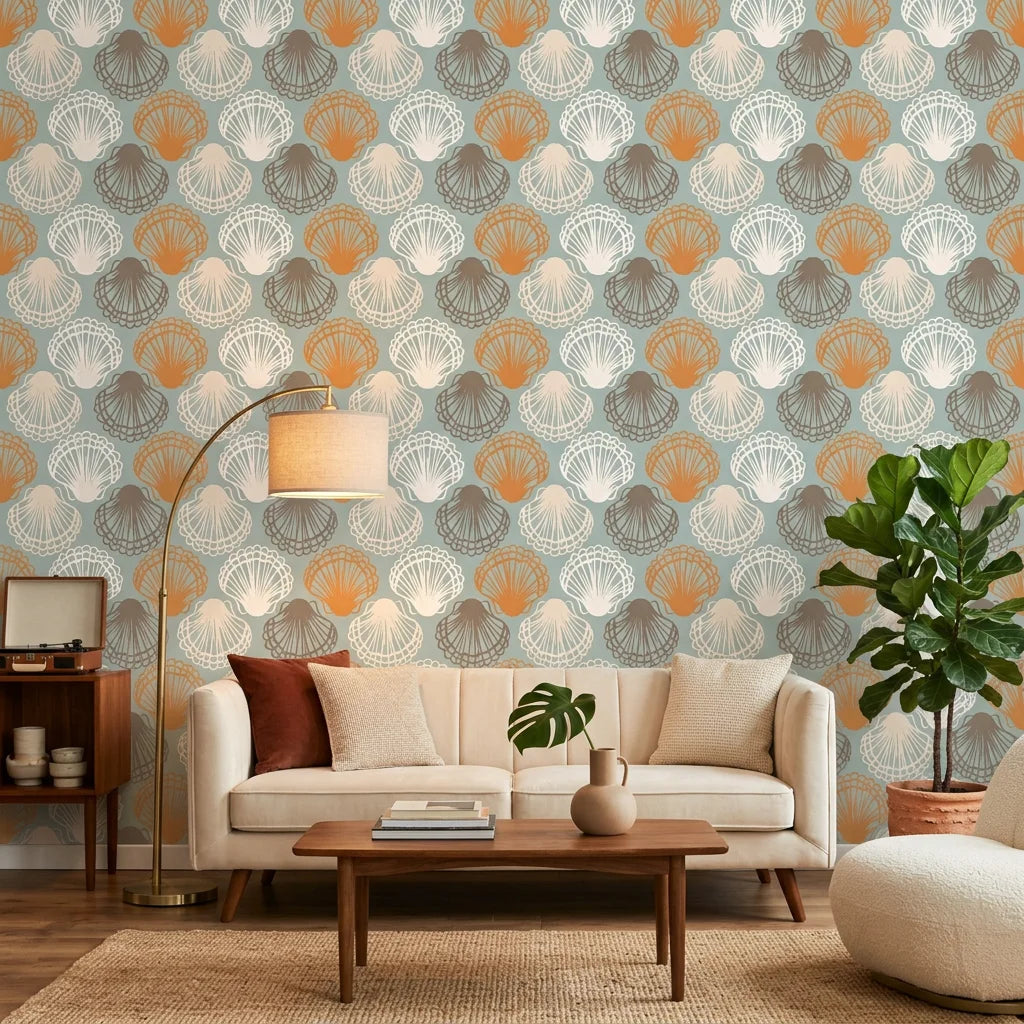 Coastal Scallop dotted arch wallpaper in a warm and inviting living room