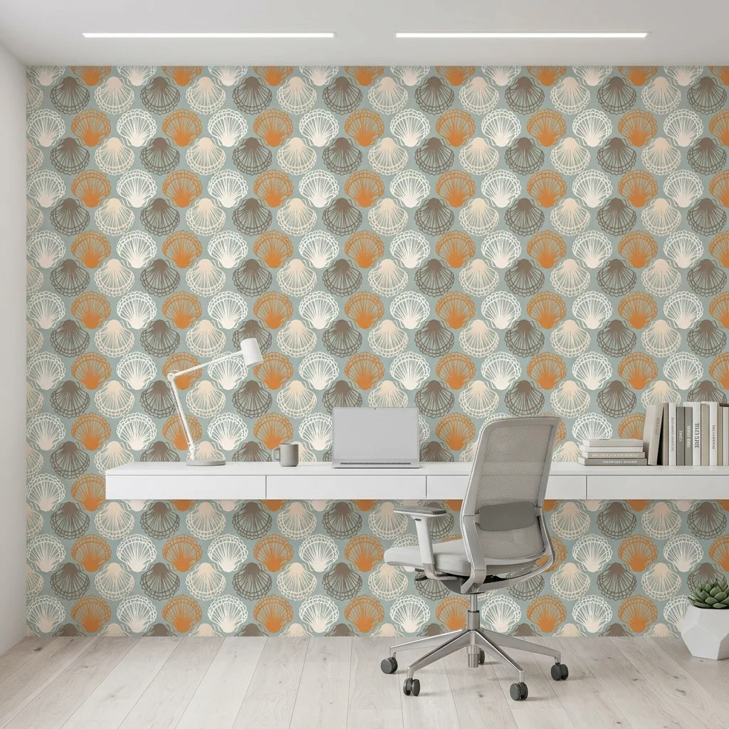Coastal Scallop dotted arch wallpaper as a feature wall in a bright home office