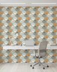Coastal Scallop dotted arch wallpaper as a feature wall in a bright home office