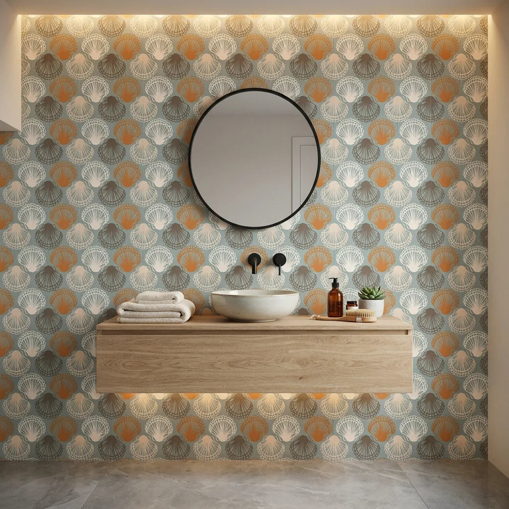 Coastal Scallop dotted arch wallpaper creating ambiance in a serene bathroom