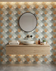 Coastal Scallop dotted arch wallpaper creating ambiance in a serene bathroom