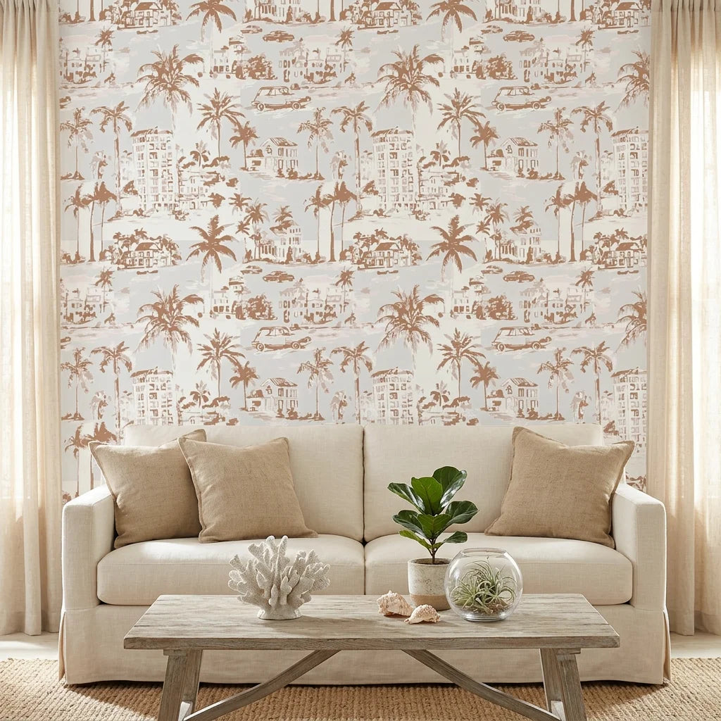 Coastal Village terracotta palm toile wallpaper in a warm and inviting living room