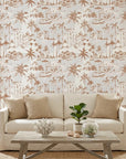 Coastal Village terracotta palm toile wallpaper in a warm and inviting living room