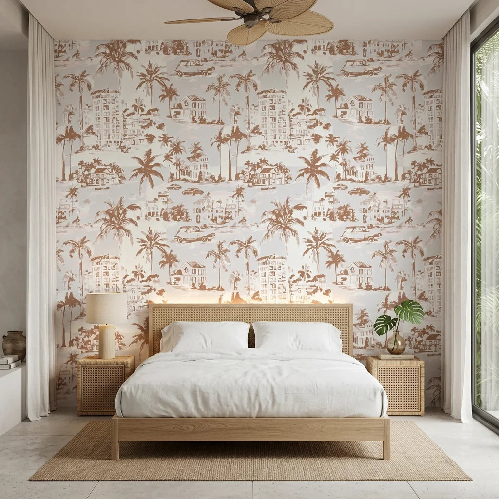 Coastal Village terracotta palm toile wallpaper adding character to a cozy bedroom