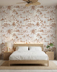 Coastal Village terracotta palm toile wallpaper adding character to a cozy bedroom