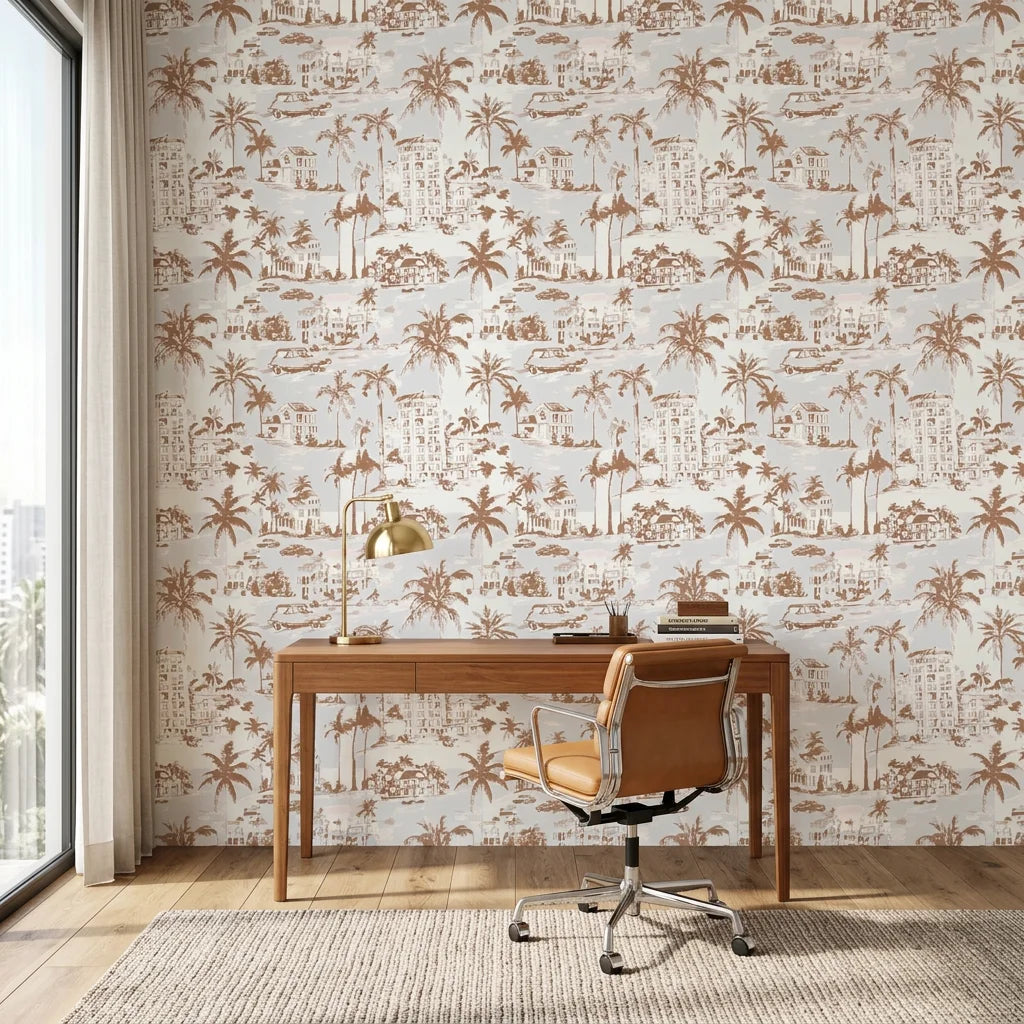 Coastal Village terracotta palm toile wallpaper as a feature wall in a bright home office