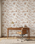 Coastal Village terracotta palm toile wallpaper as a feature wall in a bright home office