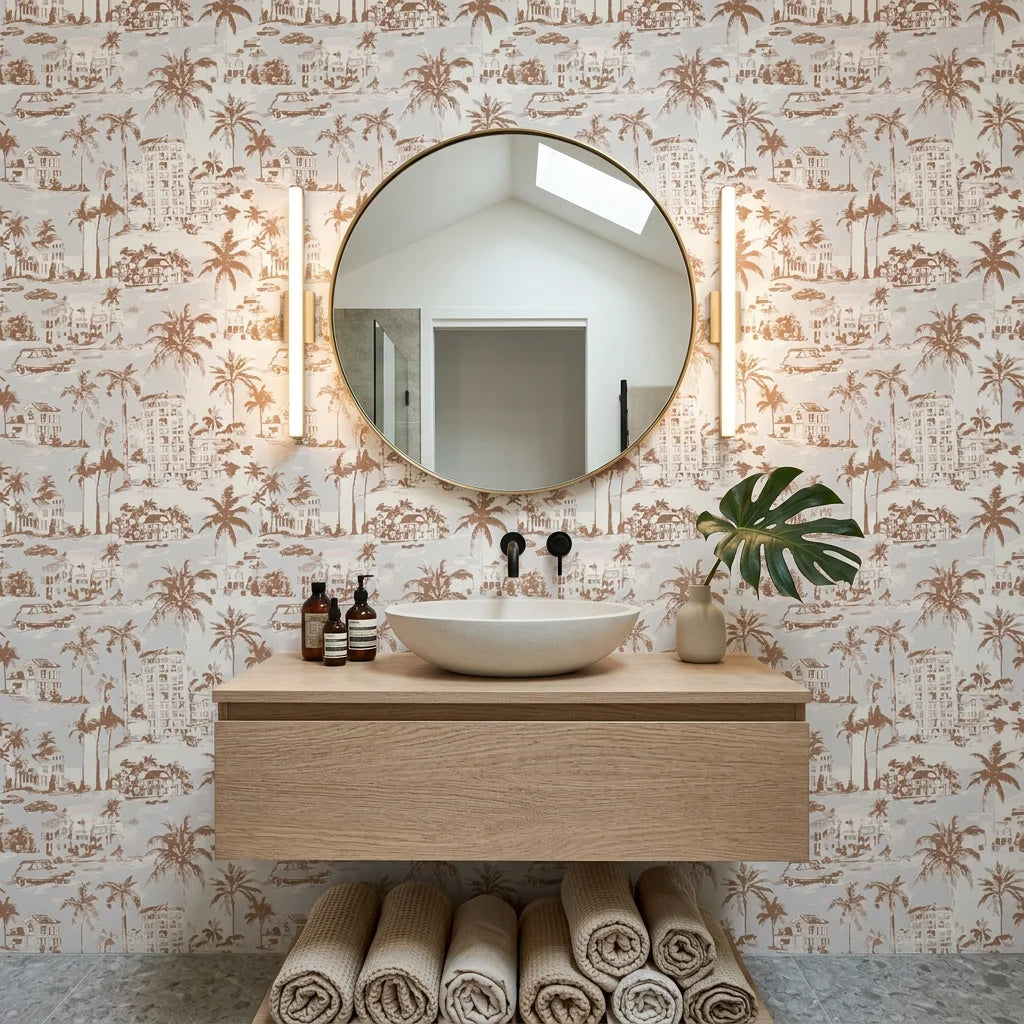 Coastal Village terracotta palm toile wallpaper creating ambiance in a serene bathroom
