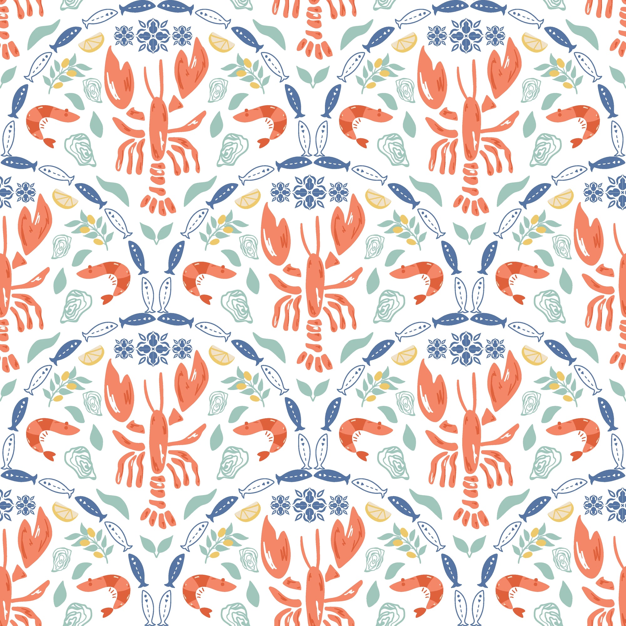 Smooth peel and stick wallpaper with coral lobster motifs - Coastal Feast