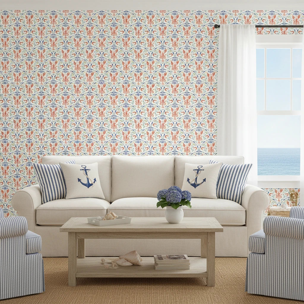 Coastal Feast coral seafood damask wallpaper in a warm and inviting living room