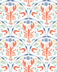 Smooth peel and stick wallpaper with coral lobster motifs - Coastal Feast