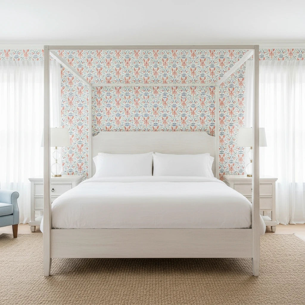 Coastal Feast coral seafood damask wallpaper adding character to a cozy bedroom