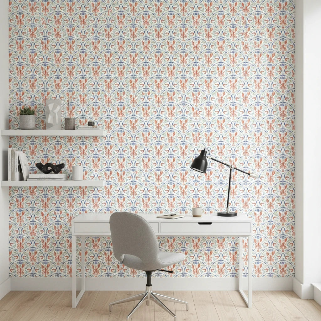 Coastal Feast coral seafood damask wallpaper as a feature wall in a bright home office