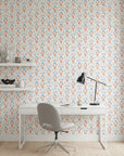 Coastal Feast coral seafood damask wallpaper as a feature wall in a bright home office